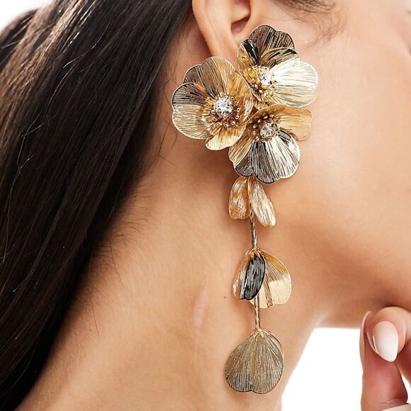 Kate Middleton Zara Elegant Rose Gold Floral Drop Earrings With Crystal … - Picture 3 of 6